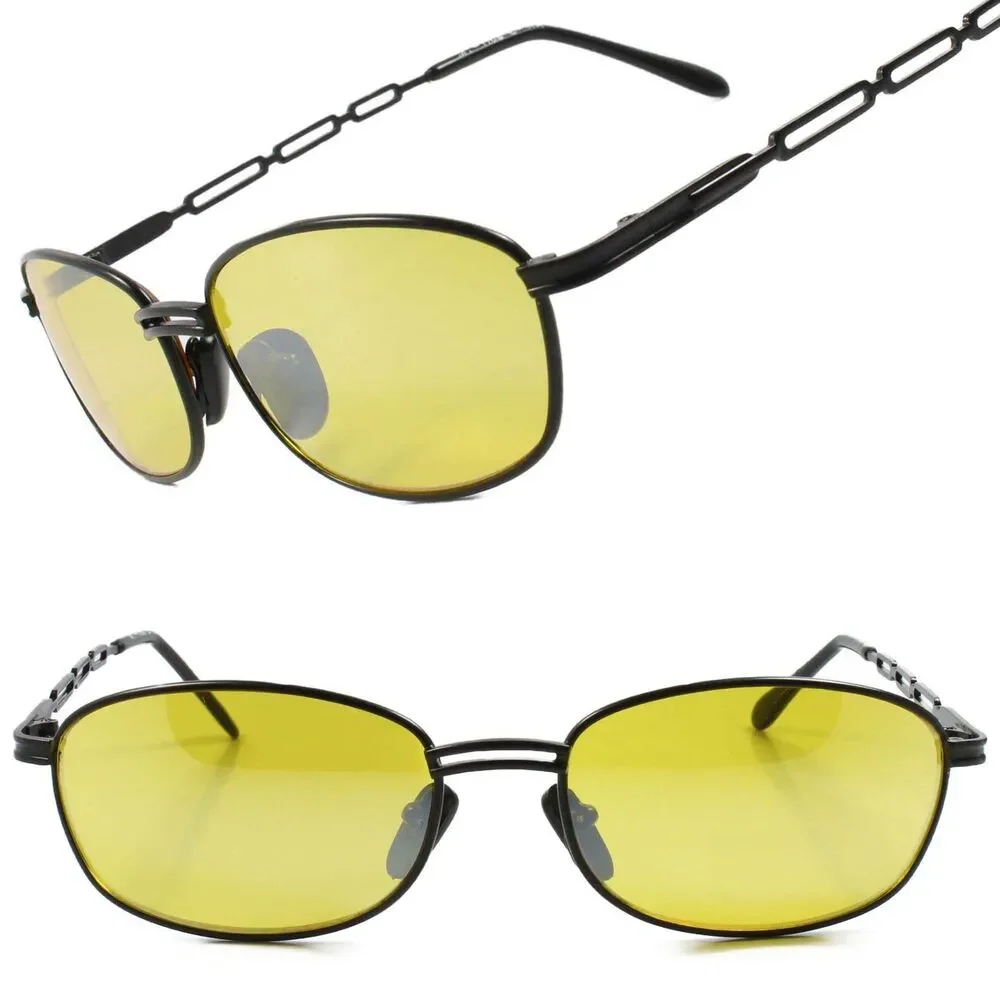 Old Classic Vintage 80s Fashion Rectangle Sunglasses Black Frame Yellow Lens